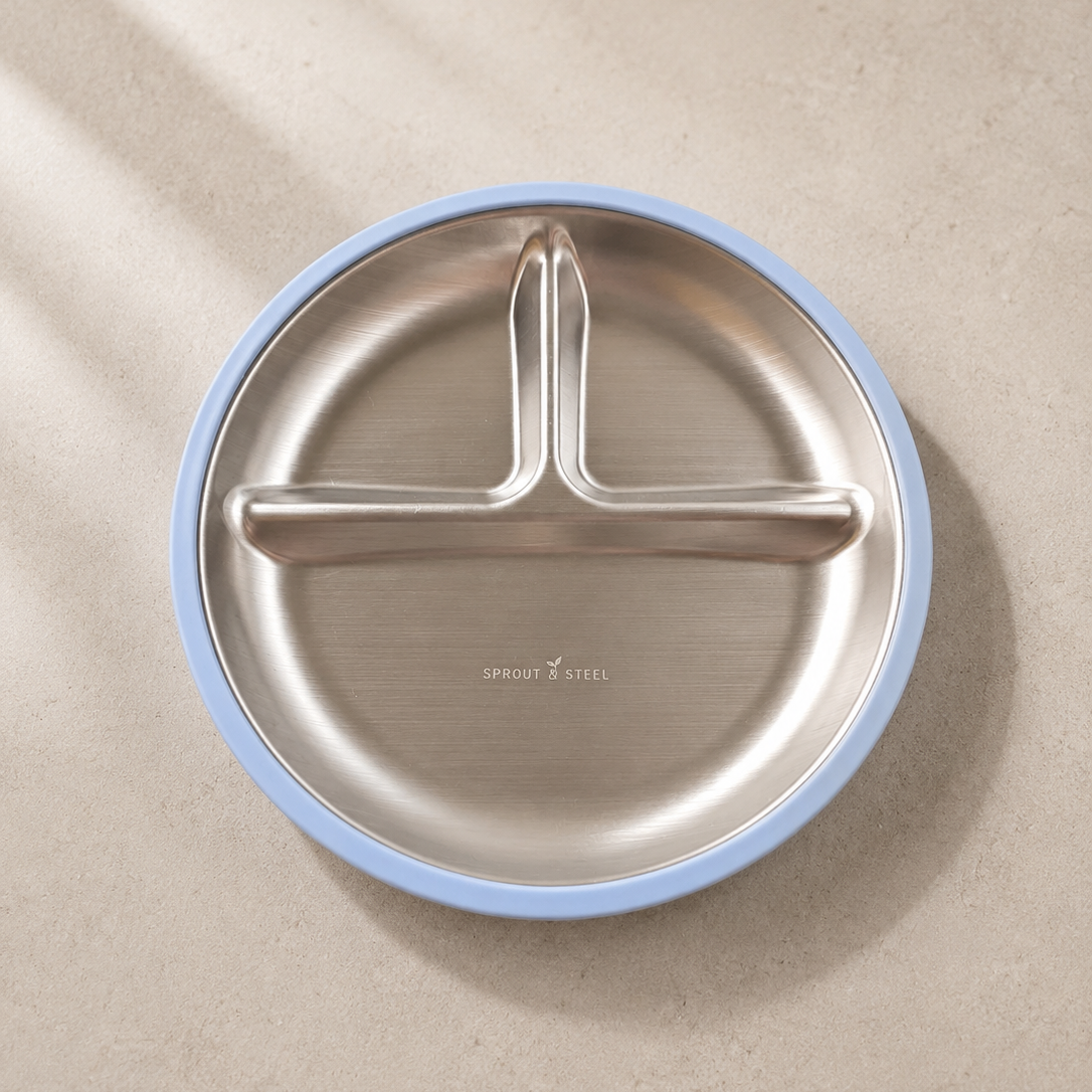 divided stainless steel toddler plate blue