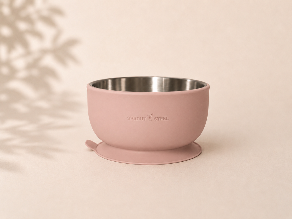 Brushed stainless steel baby feeding bowl with silicone suction base 