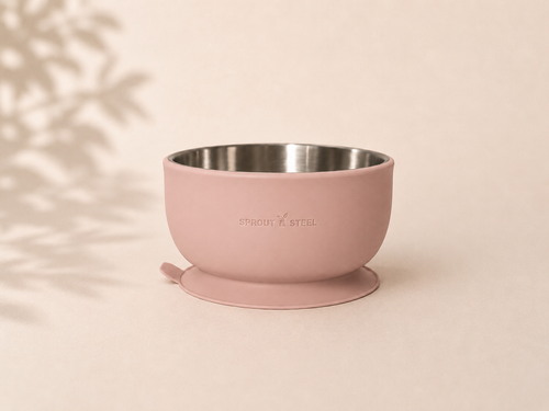 Brushed stainless steel baby feeding bowl with silicone suction base 