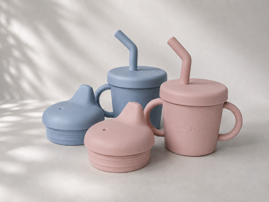 Stainless steel sippy up with silicone sippy lid and straw and silicone easy grip handles 