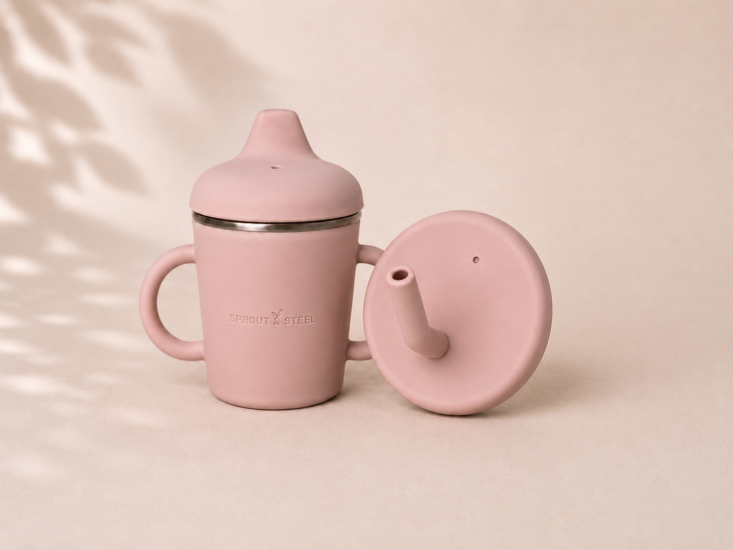 Stainless steel sippy up with silicone sippy lid and straw and silicone easy grip handles 