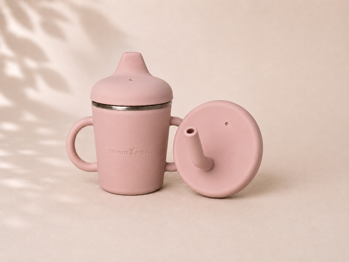 Stainless steel sippy up with silicone sippy lid and straw and silicone easy grip handles 