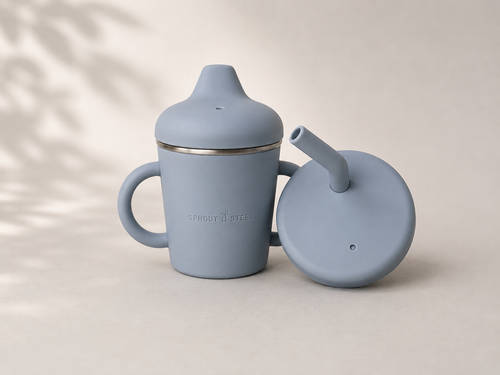 Stainless steel baby sippy cup with two silicone lids and silicone handles 