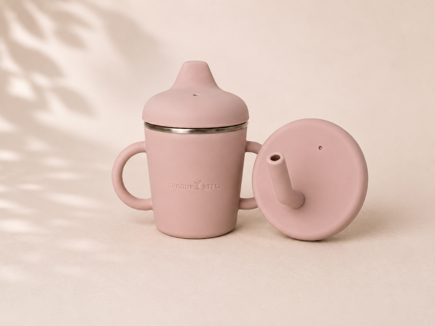 Stainless steel baby sippy cup with two silicone lids and silicone handles 