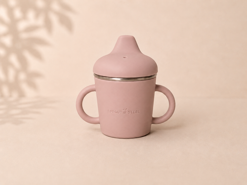 Stainless steel sippy up with silicone sippy lid and straw and silicone easy grip handles 