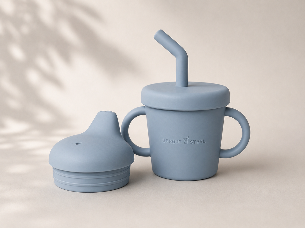 Stainless steel sippy up with silicone sippy lid and straw and silicone easy grip handles 