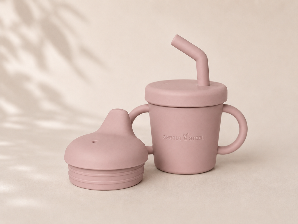 Stainless steel sippy up with silicone sippy lid and straw and silicone easy grip handles 