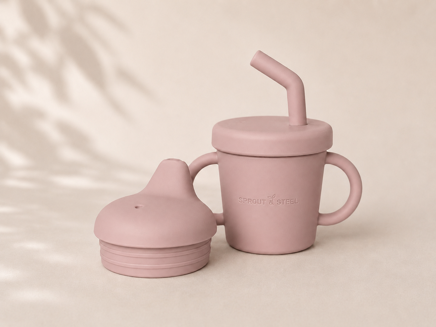 Stainless steel sippy up with silicone sippy lid and straw and silicone easy grip handles 