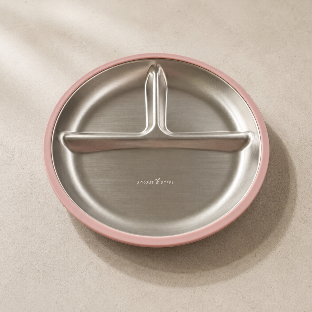 A round divided stainless steel plate with a pink rim
